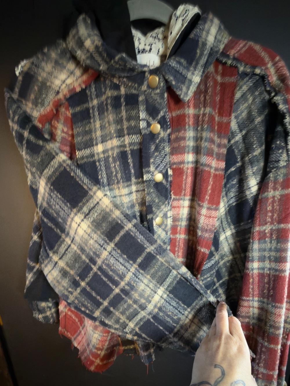 Oli & Hali Plaid Button-Front Shacket in Navy, Red & Cream Star Lace Detail - Picture 2 of 11